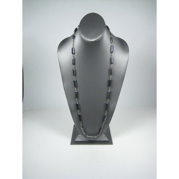 Hematite Stone Necklace Barrel Shaped Beads Metal Links 38 inch Strand - Picture 6 of 11